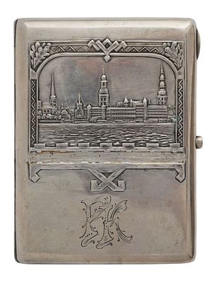 A SOVIET RUSSIAN SILVER CIGARETTE CASE DEPICTING THE RIGA SKYLINE, SOVIET UNION, CIRCA 1950. A