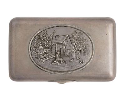 A RUSSIAN SILVER CIGARETTE CASE WITH RUSTIC SCENE, CA 1890. Of rectangular form with rounded