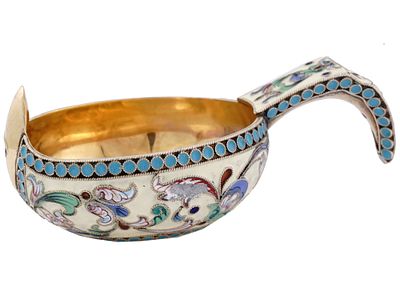 A RUSSIAN PARCEL-GILT-SILVER CLOISONNE ENAMEL KOVSH, 19 C. A Russian in silver gilt 84 proof