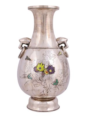 A KOREAN SILVER VASE WITH ENAMEL DECORATION KOREA, LATE 19TH TO EARLY 20TH CENTURY. A finely