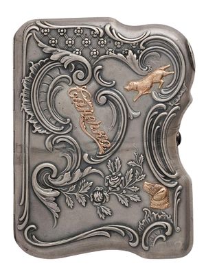 A RUSSIAN SILVER AND GOLD-CASED CIGARETTE CASE BY A. DUBROVIN, CA. 1910. Shaped rectangular form