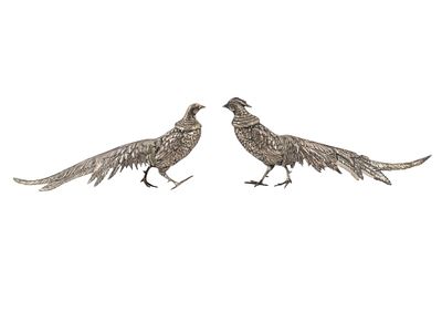 A PAIR OF SOLID SILVER PEACOCK-FORM TABLE ORNAMENTS
VIENNA, AUSTRIA, CIRCA 1880. Each is