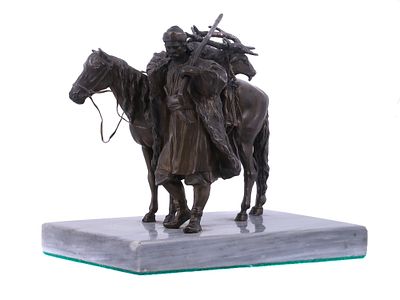 A RUSSIAN METAL GROUPING DEPICTING DISMOUNTED HUNTER 19 C. An unusual Russian metal grouping