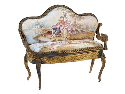 A VIENNA GILT-BRONZE AND ENAMEL MINIATURE SOFA, CA. 1880. A cast gilt bronze (or gilt spelter in