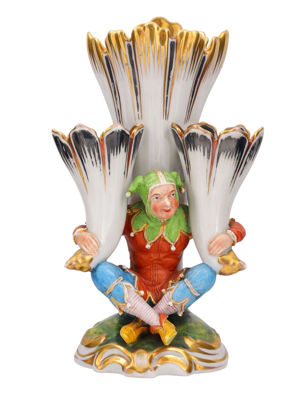 A SEATED HARLEQUIN WITH THREE CORNUCOPIA VASES, AICH PORCELAIN MANUFACTORY, BOHEMIA, CIRCA 1850. 