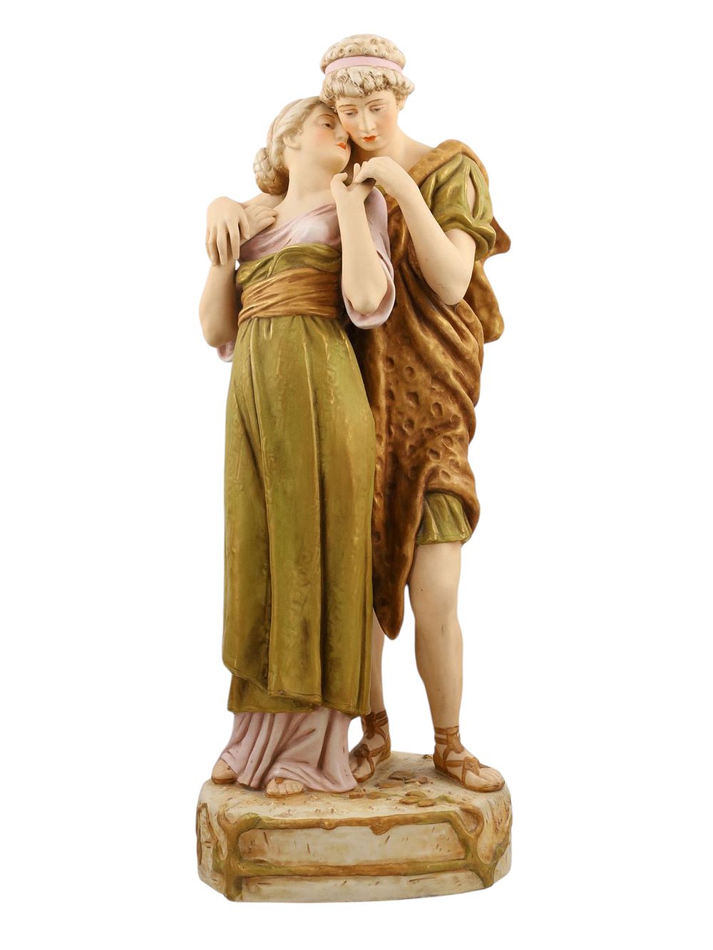 A ROYAL DUX BOHEMIA PAINTED PORCELAIN SCULPTURE OF A COUPLE, EARLY 20TH CEN. A beautiful 