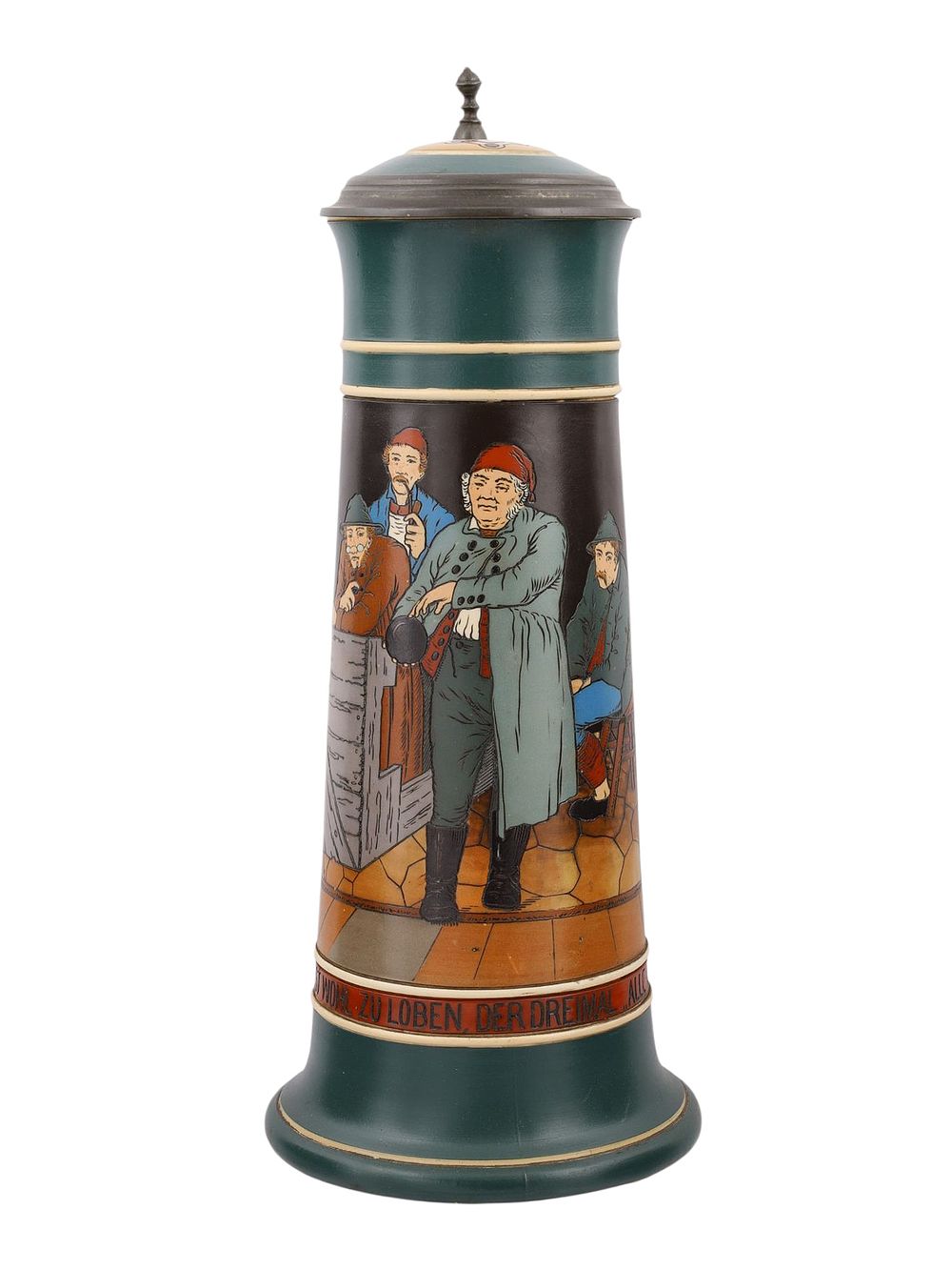 A LARGE GERMAN METTLACH CERAMIC STEIN, BOWLERS AT PLAY, FORM 2956, 1907. A large German stein 