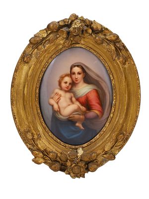 A KPM PORCELAIN PAINTED PORTRAIT OF MADONNA AND CHILD. A KPM PORCELAIN PLAQUE OF THE MADONNA AND 