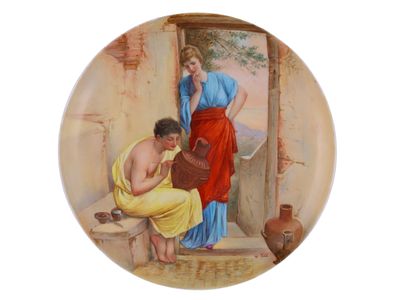 A KPM PAINTED PORCELAIN PLATE WITH A HISTORICAL SCENE AFTER PAUL THUMANN, CA. 1880. A finely 