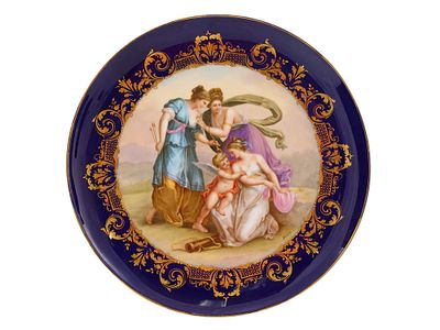 AN AUSTRIAN PAINTED PORCELAIN PLATE, WOMEN ADORING CUPID, 19TH CEN. An Austrian painted 