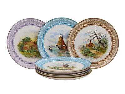 A SET OF EIGHT HAND-PAINTED PORCELAIN PLATES, BROWNFIELD & SONS, CIRCA 1880, RETAILED BY J.E. 