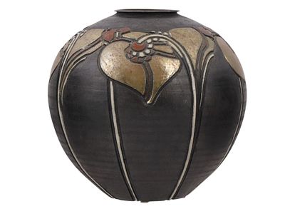 A SIGNED MODERNISTIC RAKU POTTERY VASE BY NANCY APRIL, 1984. A raku-glazed pottery vase by 