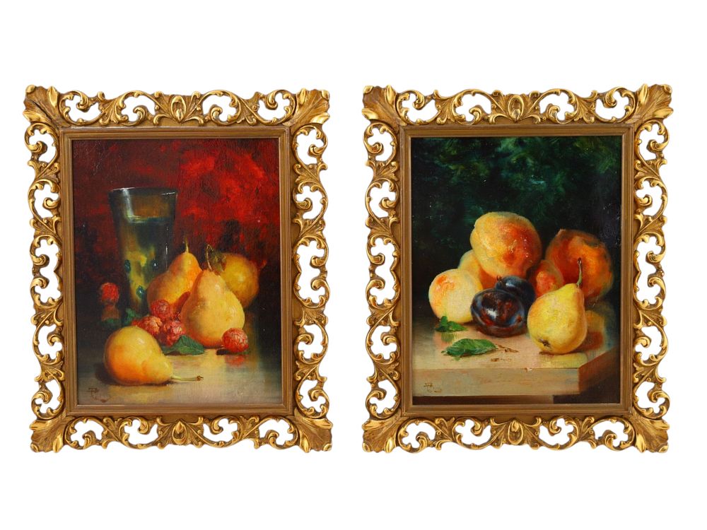 A PAIR OF SIGNED STILL LIFE OIL ON CANVAS CONTINENTAL PAINTINGS. A PAIR OF SIGNED STILL LIFE OIL 