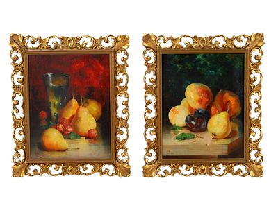 A PAIR OF SIGNED STILL LIFE OIL ON CANVAS CONTINENTAL PAINTINGS. A PAIR OF SIGNED STILL LIFE OIL 