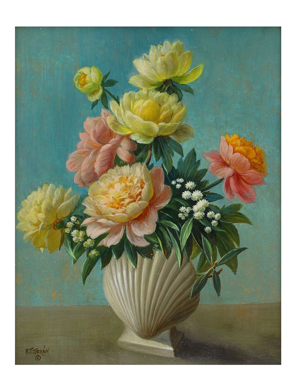 AN OIL ON BOARD PAINTING OF A FLORAL BOUQUET BY ALFONSO T. TORAN. ALFONSO T. TORAN (20th 