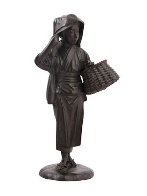 A SIGNED JAPANESE BRONZE FIGURE OF A WOMAN WITH A BASKET, MEIJI PERIOD (1868–1912). Cast bronze 