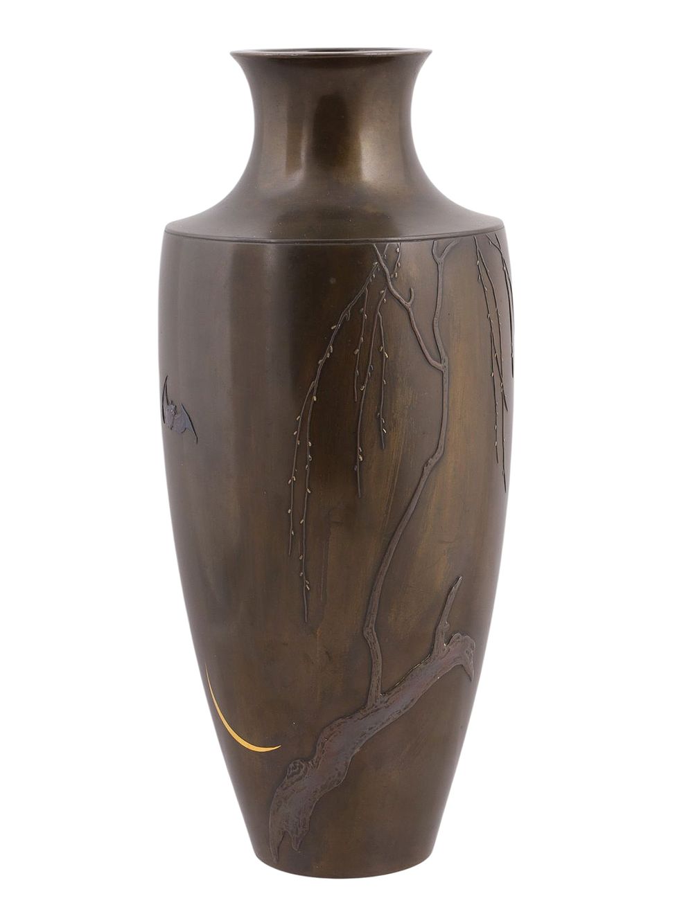 A SIGNED JAPANESE BRONZE VASE WITH BAT, WILLOW, AND MOON. Of tall ovoid form with short-waisted 