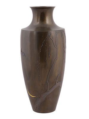 A SIGNED JAPANESE BRONZE VASE WITH BAT, WILLOW, AND MOON. Of tall ovoid form with short-waisted 