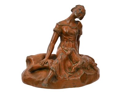 A LORLE VISCHER VIENNA BRONZE OF A GIRL AND HER DOG, 1900. A Vienna bronze sculpture by Austrian 