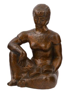 A BRONZE SCULPTURE OF A GIRL READING A BOOK, SIGNED "AN", MID-20TH CENTURY. Cast bronze figure 