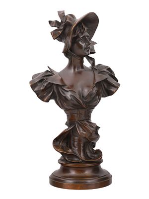 A SIGNED GEORGES COUDRAY (1862-1944) BRONZE OF A LADY IN A BONNET, 19TH CENTURY. A bronze bust 