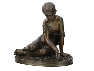 A BRONZE OF A YOUNG GIRL PLAYING, AFTER ACHILLE COLLAS, 19TH CENTURY. A finely cast patinated 