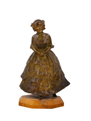 A GOLDSCHEIDER BRONZE GIRL ON MARBLE BASE, CIRCA 1900. A finely cast and patinated bronze figure 