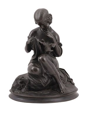 A CHRISTOPHER FRATIN (1801-1864) SIGNED BRONZE WOMAN WITH BIRD, 1849. A finely detailed bronze 