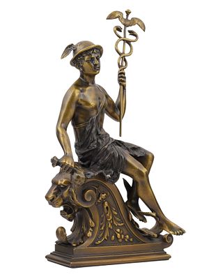 A PATINATED BRONZE OF SEATED HERMES WITH CADUCEUS STAFF. A patinated bronze sculpture depicting 