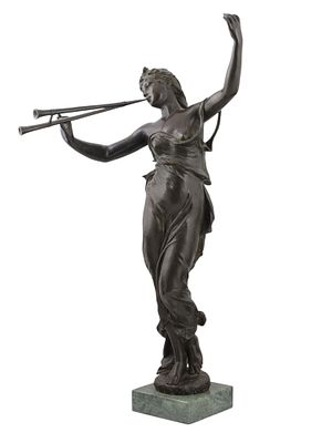 A EUG&Egrave;NE MARIOTON (1857-1933) FRENCH BRONZE GIRL WITH AULOS PIPES, C. 1900. A beautiful bronze 