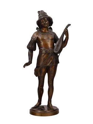 A HENRI GIRAUD (1805-1895) PATINATED BRONZE FIGURE OF A MINSTREL OR BARD, 19TH CENTURY. A bronze 