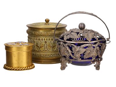 A TRIO OF LIDDED CONTAINERS, 19TH–20TH CENTURY. Comprising a gilt-metal circular box with three 
