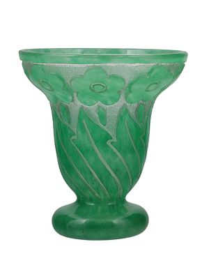 A SIGNED FRENCH ART DECO GREEN GLASS CAMEO VASE BY D&Eacute;GUE, CIRCA 1920S. Of baluster form with a 