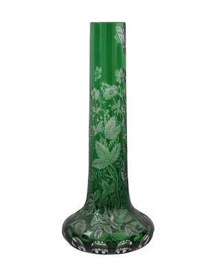 A BOHEMIAN ENGRAVED GREEN OVERLAY GLASS VASE, LATE 19TH CENTURY. Of tall cylindrical form with 