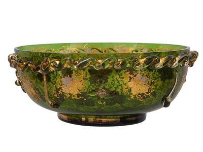 A BOHEMIAN MOSER GLASS BOWL. Of circular form, crafted from emerald green glass, the body is 