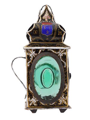 A FRENCH ENAMEL PAINTED LANTERN WITH COLORED GLASS PANELS. A French, enamel painted, square 