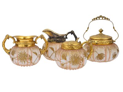 A FOUR PIECE CROWN MILANO MOUNT WASHINGTON GILT AND PAINTED GLASSWARE TEA SERVICE SET. A set of 