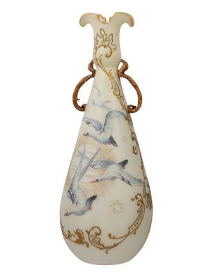 A CROWN MILANO HAND-PAINTED PORCELAIN FLYING GULLS VASE. Mt Washington Glass Company, c. 