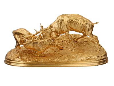 A P. J. MENE GILT BRONZE ANIMALIER BRONZE, ELK FIGHTING, 19 C. PIERRE-JULES MÊNE (FRENCH 