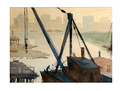 A JOSEPH HIRSCH (AMERICAN, 1910-1981), A WATERCOLOR PAINTING OF A PORT SCENE, 1934. Joseph 