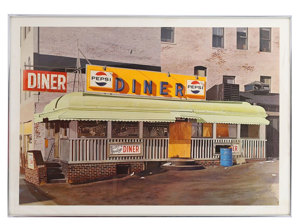JOHN BAEDER (AMERICAN, B. 1938) SIGNED SERIGRAPH, "SCOTT'S BRIDGE DINER," 1974. Serigraph in 