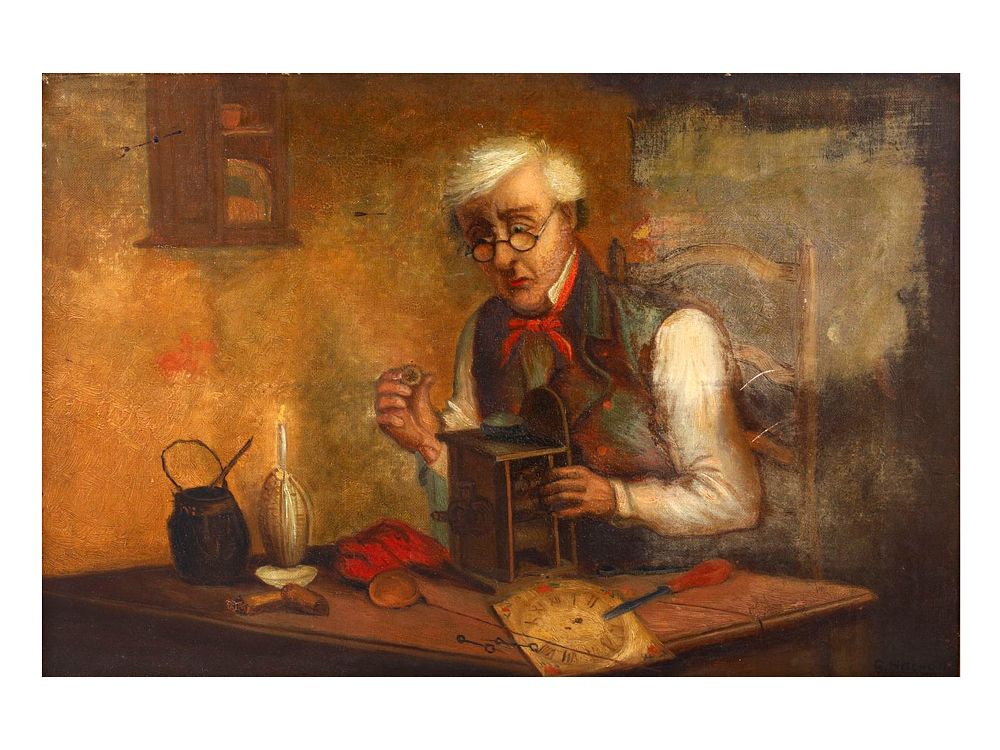 A G. HITCHON OIL PAINTING, CLOCKMAKER AT WORK AFTER THE VICTORIAN PERIOD ILLUSTRATION. An oil on 