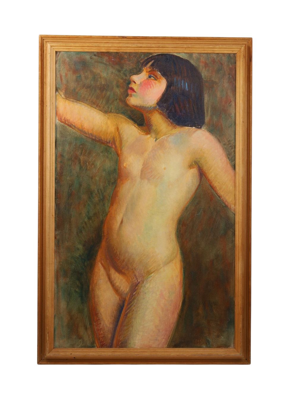 A SIGNED M.M. KINSBURY OIL ON CANVAS NUDE OF A GIRL. A sensitively rendered oil on canvas 