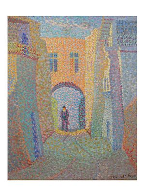 A DANIEL KATSAR ISRAELI POINTILLIST STREET SCENE OIL ON BOARD PAINTING. Executed in a 