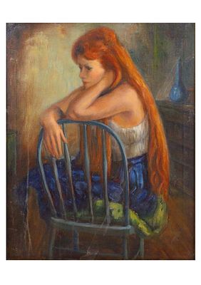 A ROBERT PHILLIP (1895-1981) ATTR. OIL ON CANVAS, RED-HAIRED WOMAN. A sensitive and atmospheric 