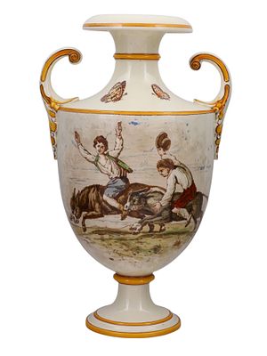 A WEDGWOOD PORCELAIN AMPHORA WITH PAINTED MULE RACE SCENE, 1887. A porcelain amphora style vase 