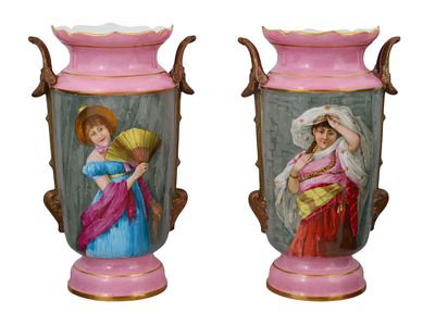 A PAIR OF PINK LIMOGES PORCELAIN PORTRAIT VASES. Each baluster-form vase finely hand-painted 