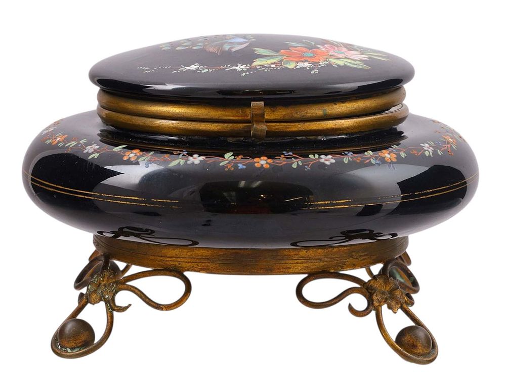 A BOHEMIAN MOSER GLASS BOX WITH ENAMEL DECORATION, LATE 19TH CENTURY. Of circular cushion form 