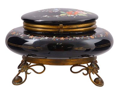 A BOHEMIAN MOSER GLASS BOX WITH ENAMEL DECORATION, LATE 19TH CENTURY. Of circular cushion form 