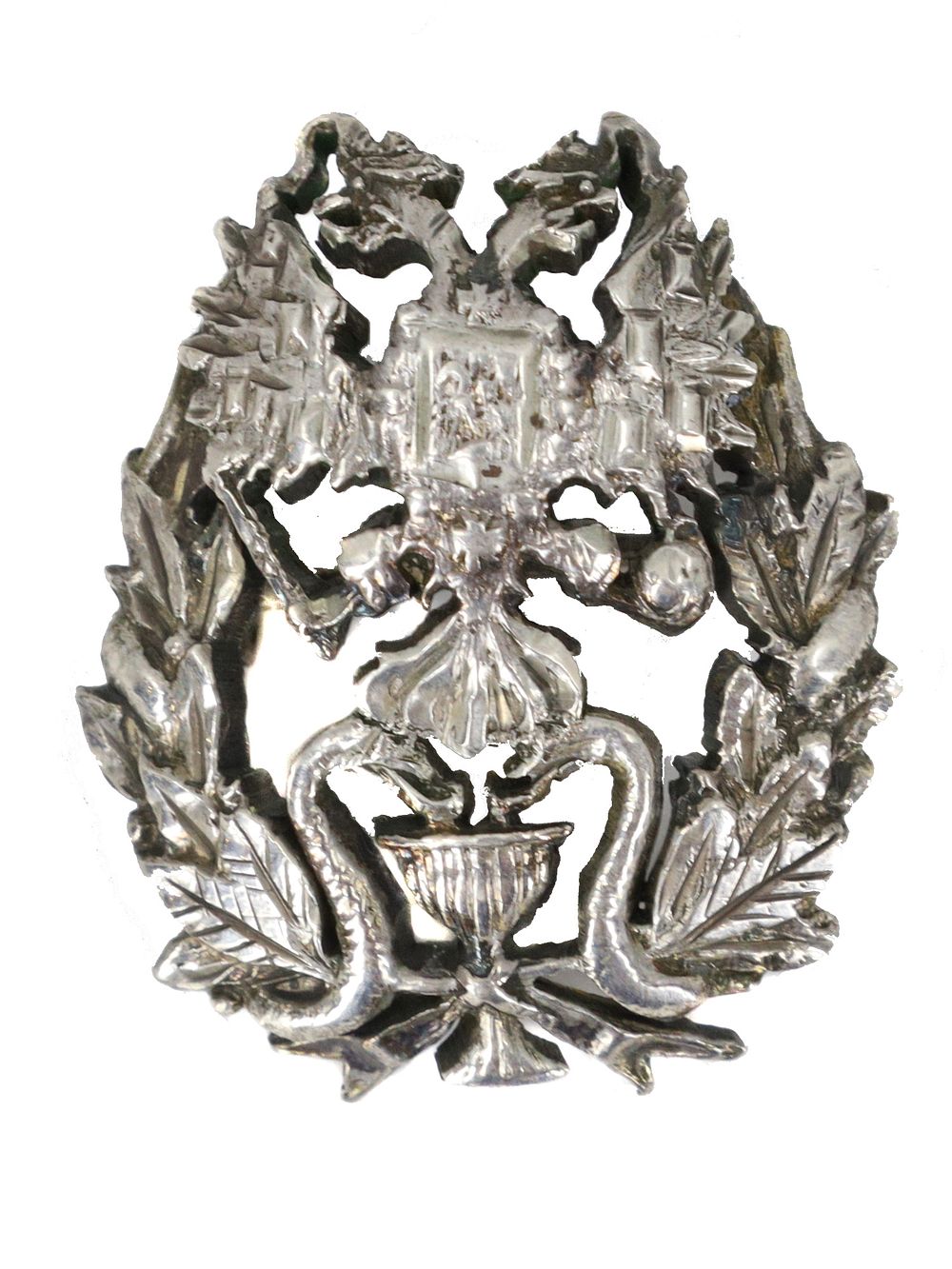 A RUSSIAN IMPERIAL SILVER BADGE. The pin is hallmarked with a Russian silver proof mark. 